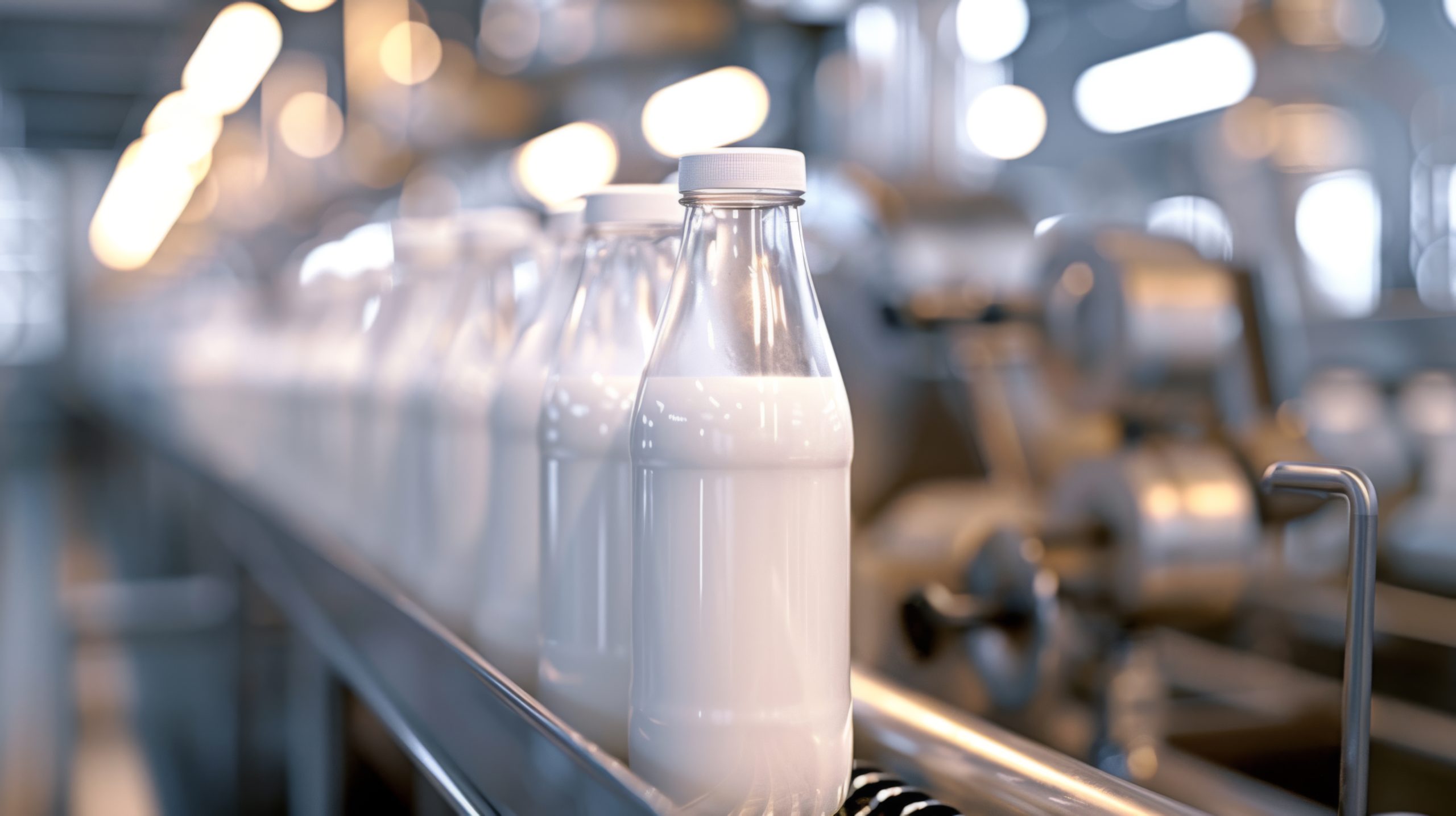 A conveyor belt lined with white plastic bottles.