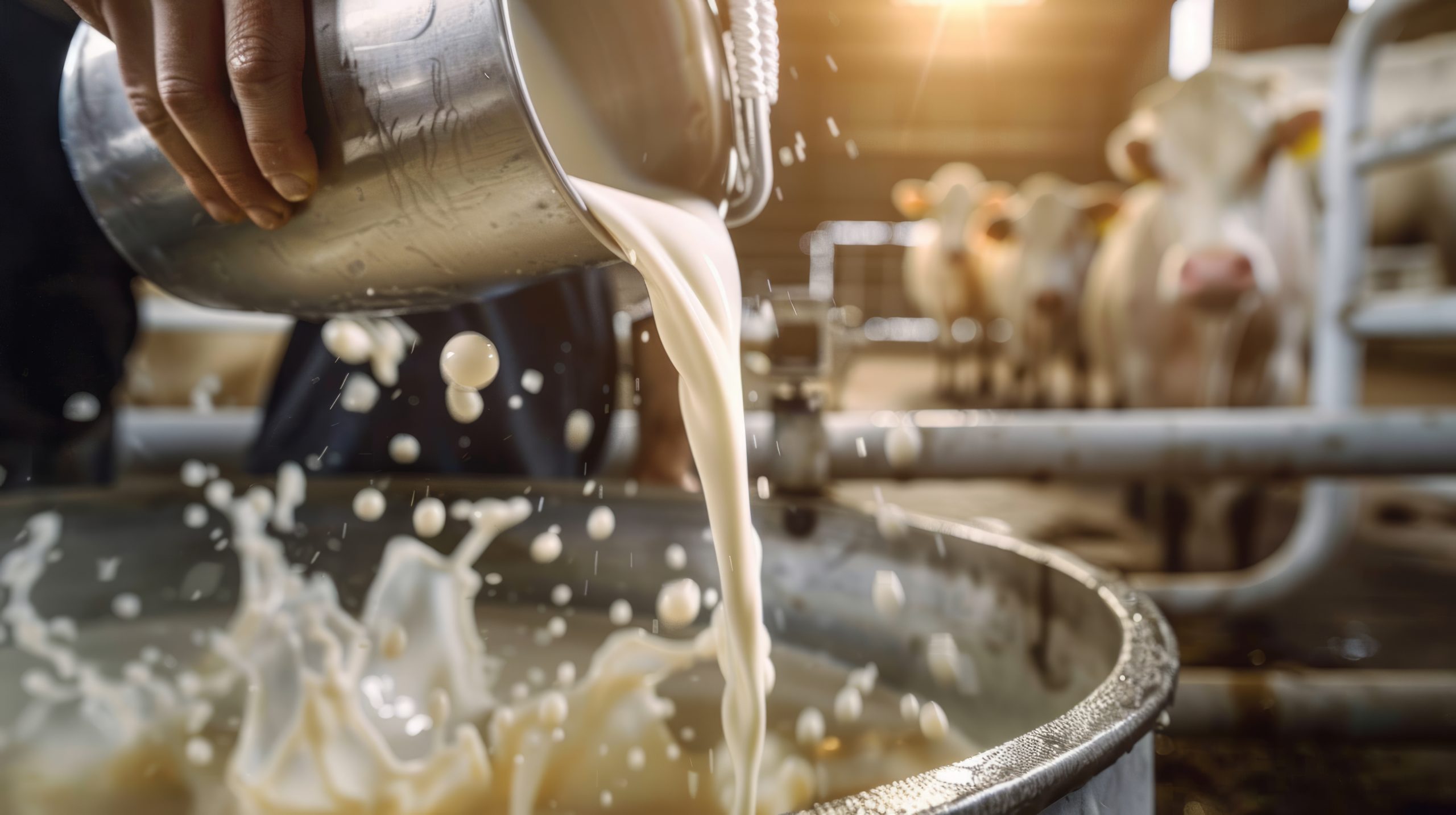 Fresh milk pouring from container in dairy farm, showcasing farm life and milk production in rural agriculture